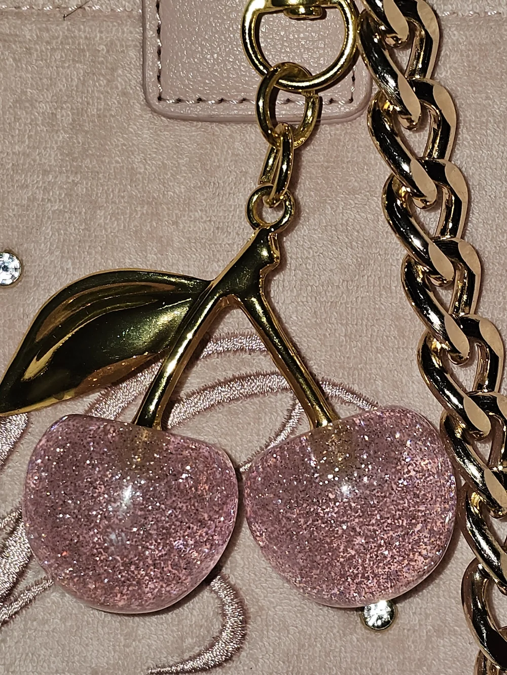 Juicy Couture Pale Pink Velvet Tote with Gold Chain & Cherry Charm